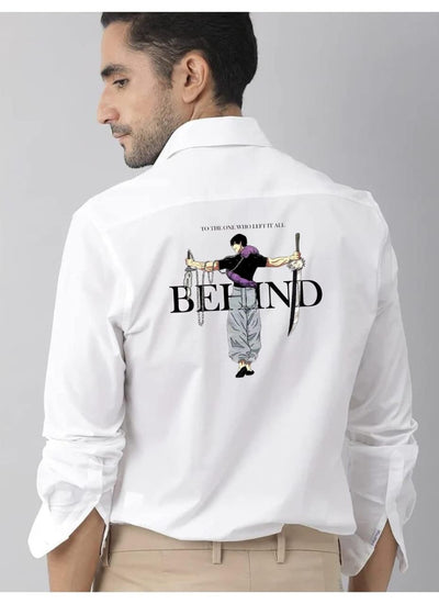 Mens White Cotton Back Printed Shirt