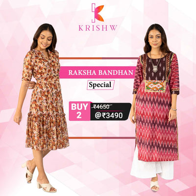 Ikat Charm & Floral Grace: Magenta Kurta & Brown Chiffon Dress