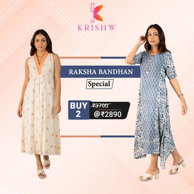 Floral Elegance & Batik Charm: White & Peach Dress and Blue Kurta Combo