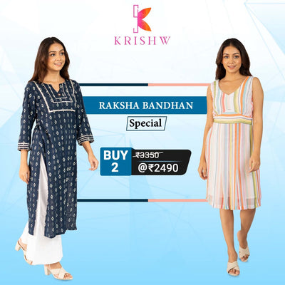 Title: Chiffon & Ikat Elegance: Multi-Colored Dress and Blue Kurta Combo