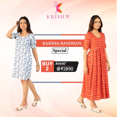 Rustic Charm & Floral Grace: Brick Red Ikat and Light Blue Cotton Dress Duo