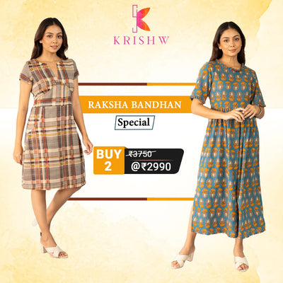 Trendy Duo: Light Blue Cotton Dress & Coffee Check Knee-Length Dress