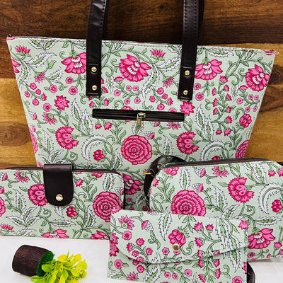Jaipuri Pink and Green Printed Bag Set