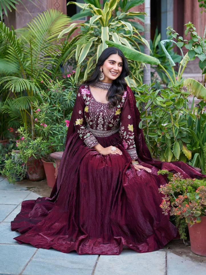 Long Gown & Dupatta - Burgundy
