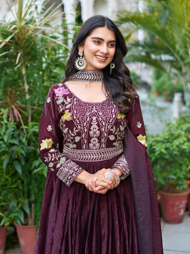 Long Gown & Dupatta - Burgundy