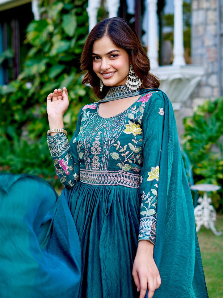 Long Gown & Dupatta - Peacock