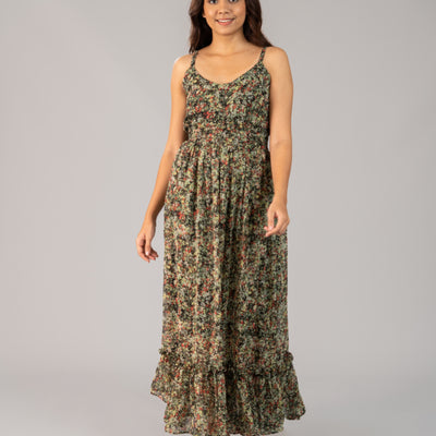 Green Color with floral Design- Chiffon Long Dress