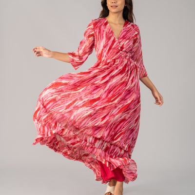 Dark Pink color with marble design - Chiffon Long Dress