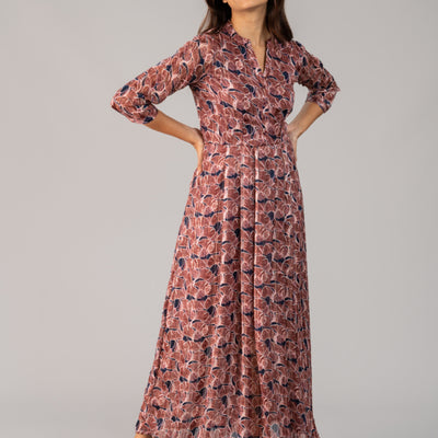 Wine Color with floral Design - Chiffon Long Dress