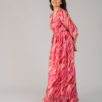 Dark Pink color with marble design - Chiffon Long Dress