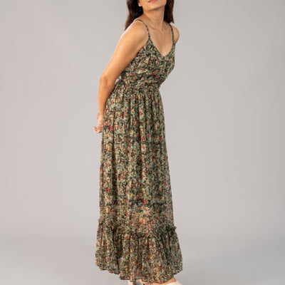 Green Color with floral Design- Chiffon Long Dress