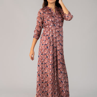 Wine Color with floral Design - Chiffon Long Dress