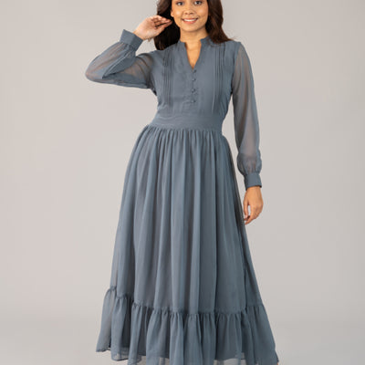Gray Colored - Chiffon Long Dress